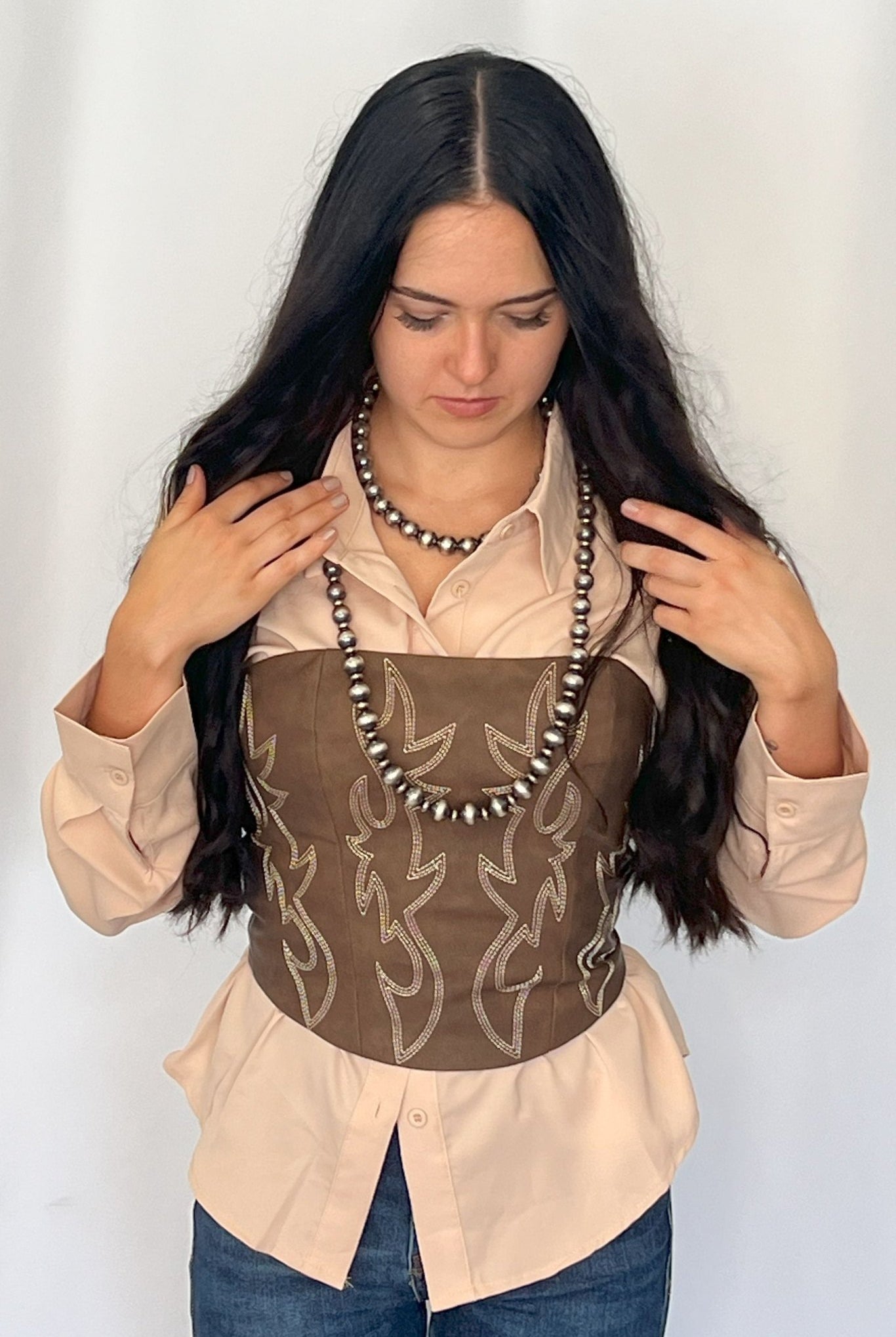 Mercedes Beige Button Down Shirt - Cowhide and Conchos