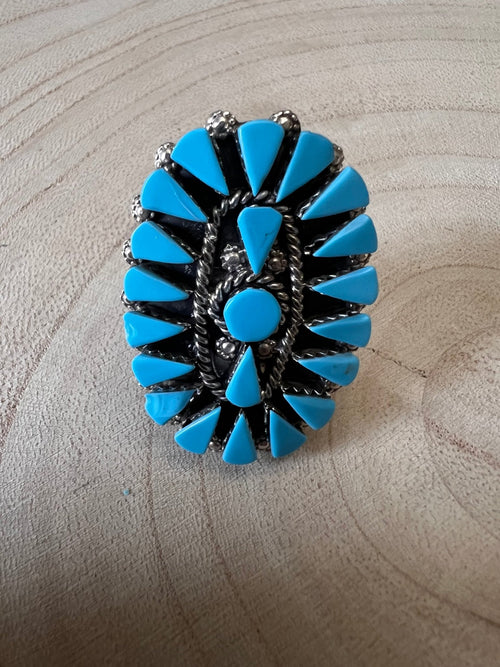 Merlinda Chavez Turquoise & Sterling Silver Ring - Size 9 - Cowhide and Conchos