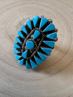 Merlinda Chavez Turquoise & Sterling Silver Ring - Size 9 - Cowhide and Conchos