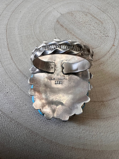 Merlinda Chavez Turquoise & Sterling Silver Ring - Size 9 - Cowhide and Conchos