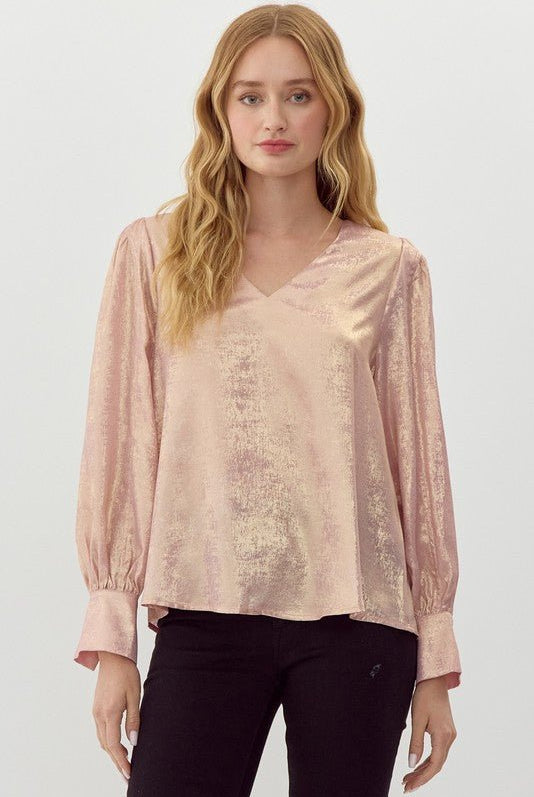 Metallic Long Sleeve Blouse - Cowhide and Conchos