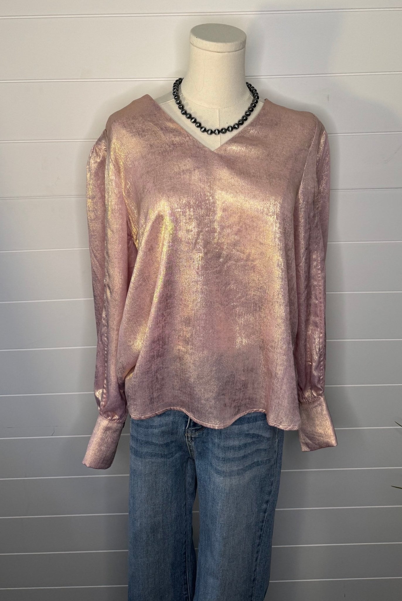 Metallic Long Sleeve Blouse - Cowhide and Conchos