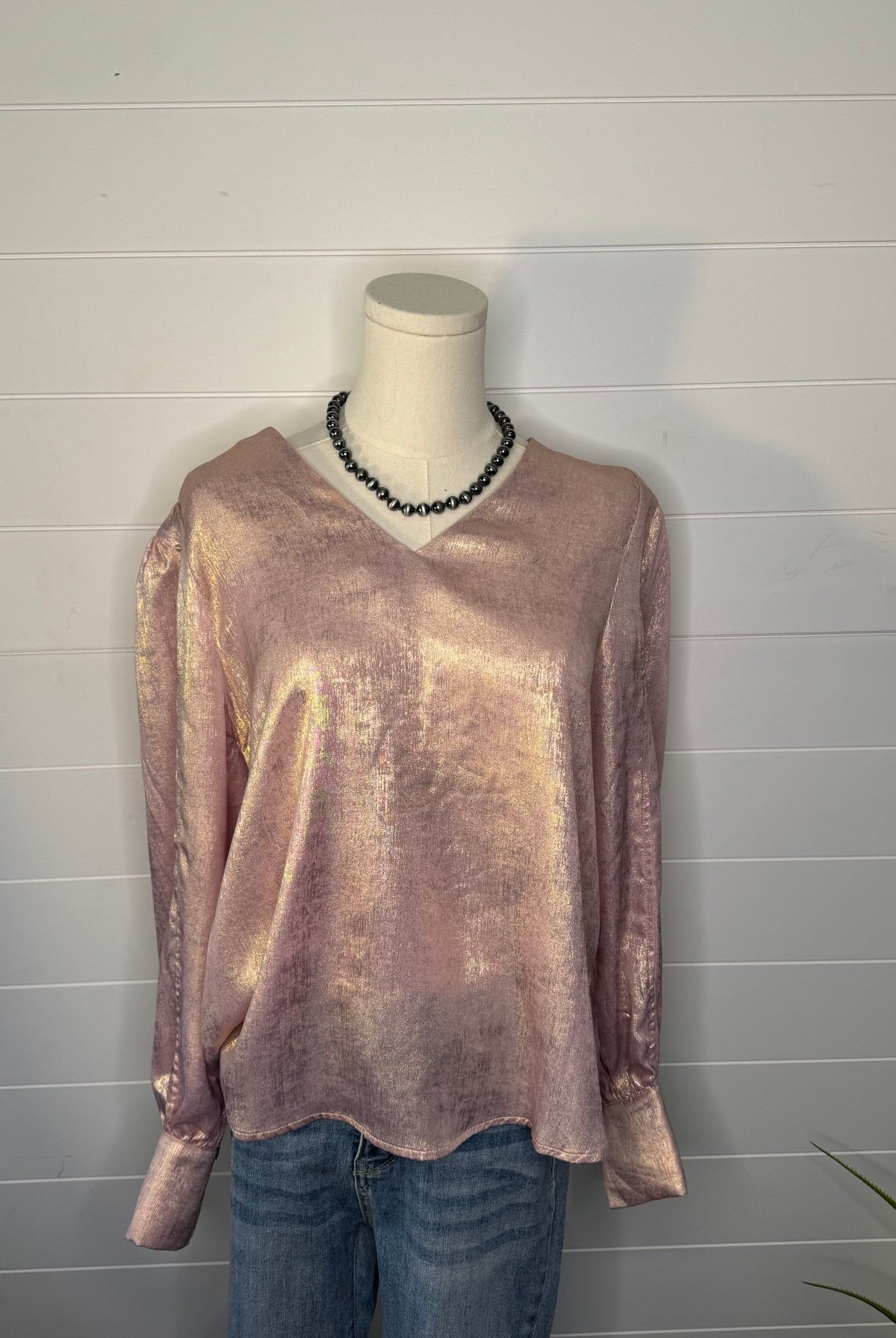 Metallic Long Sleeve Blouse - Cowhide and Conchos