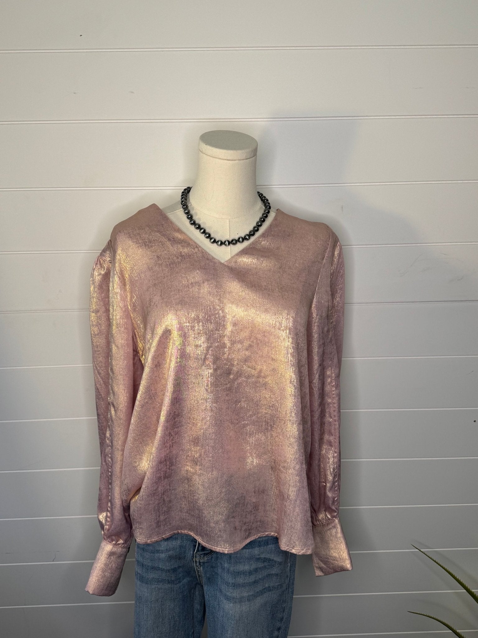 Metallic Long Sleeve Blouse - Cowhide and Conchos
