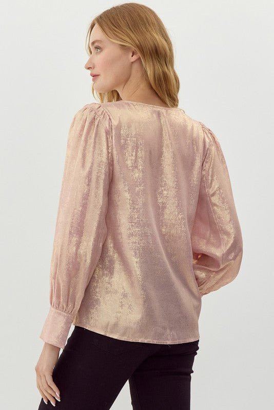 Metallic Long Sleeve Blouse - Cowhide and Conchos