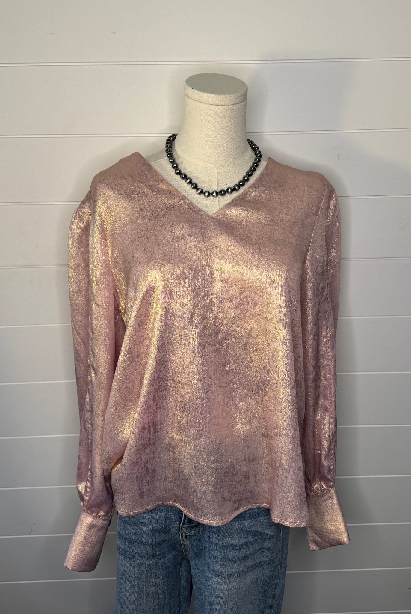 Metallic Long Sleeve Blouse - Cowhide and Conchos