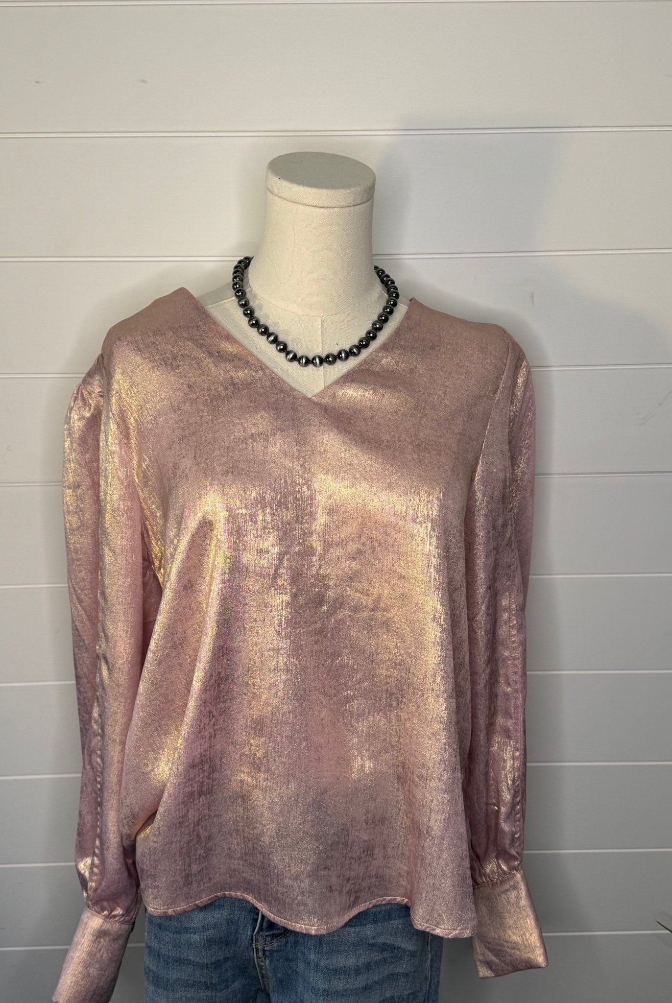 Metallic Long Sleeve Blouse - Cowhide and Conchos