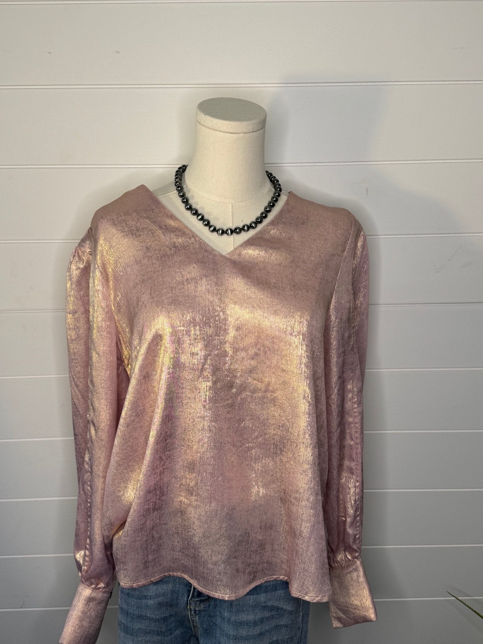 Metallic Long Sleeve Blouse - Cowhide and Conchos