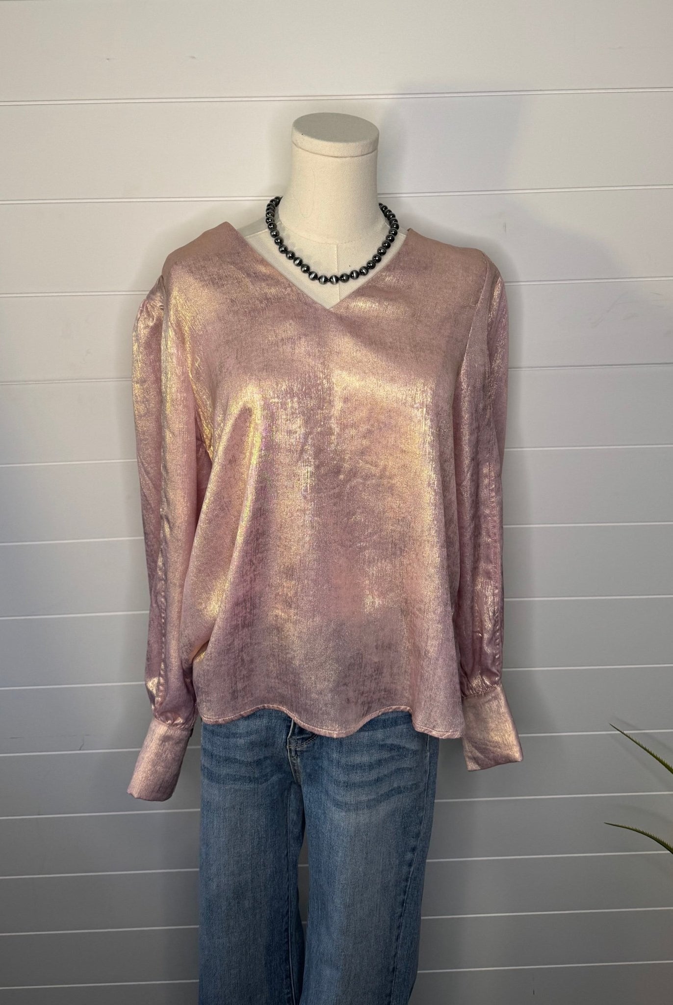 Metallic Long Sleeve Blouse - Cowhide and Conchos