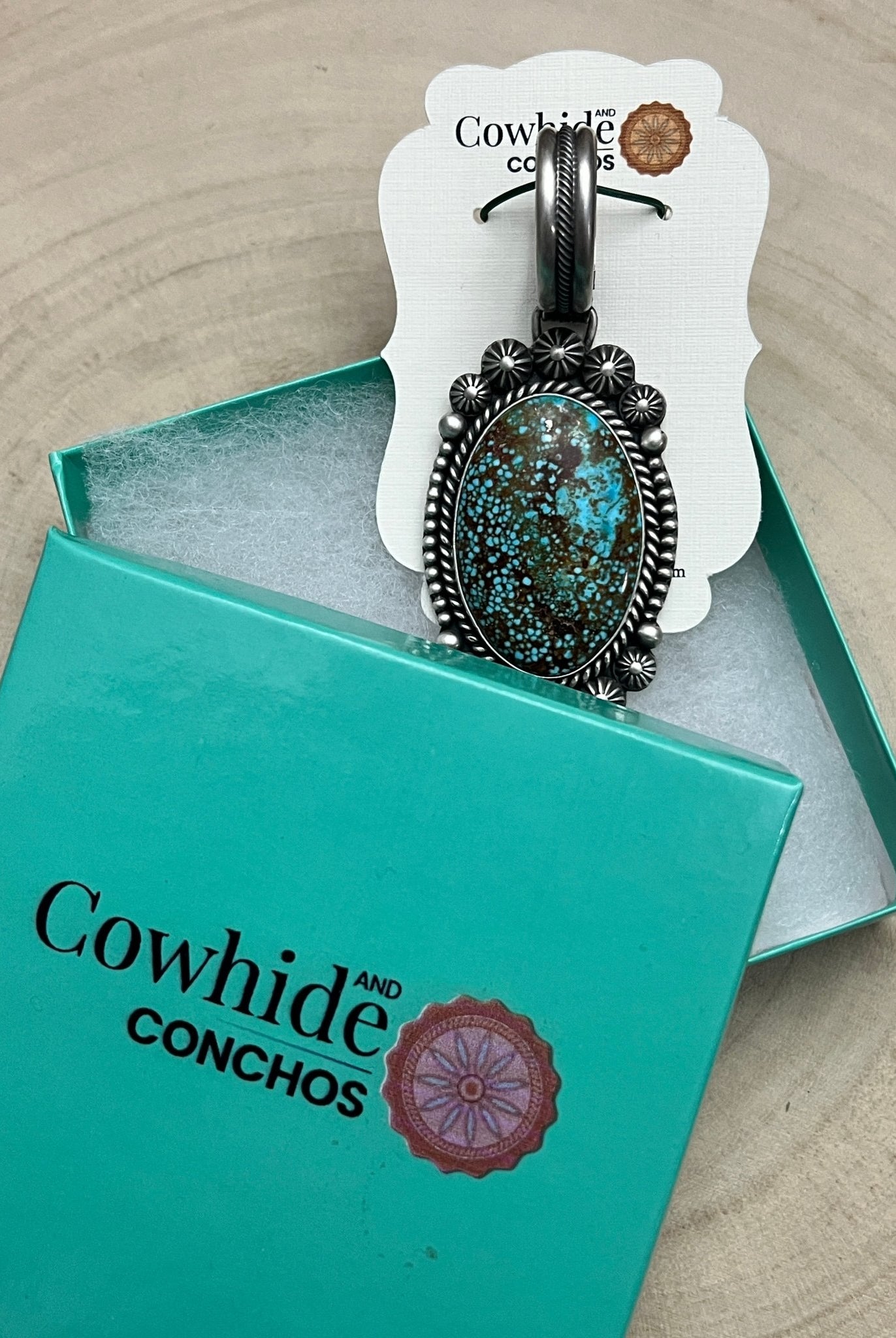 Michael Calladitto Navajo Sterling Silver Pendant with Kingman Turquoise — 3" × 1 1/4" (Hallmarked, Heirloom Flagship) - Cowhide and Conchos
