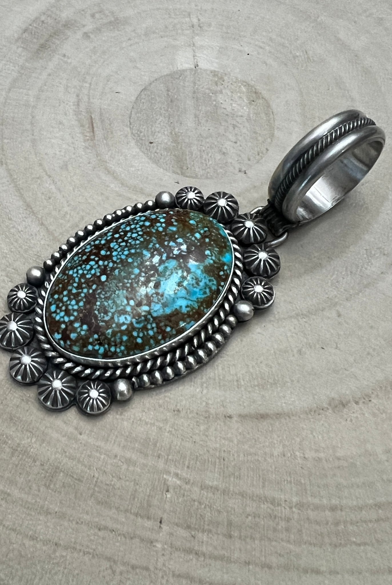 Michael Calladitto Navajo Sterling Silver Pendant with Kingman Turquoise — 3" × 1 1/4" (Hallmarked, Heirloom Flagship) - Cowhide and Conchos