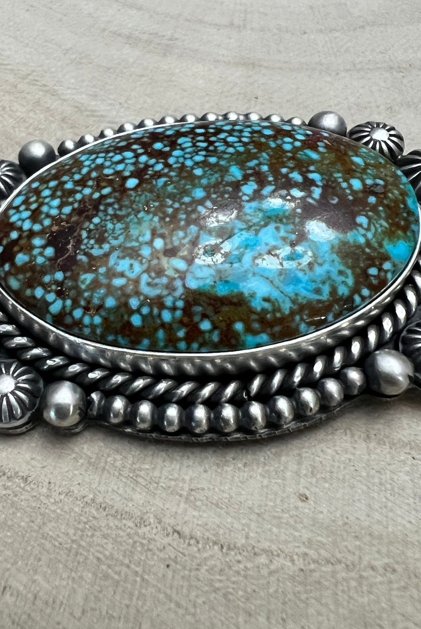 Michael Calladitto Navajo Sterling Silver Pendant with Kingman Turquoise — 3" × 1 1/4" (Hallmarked, Heirloom Flagship) - Cowhide and Conchos