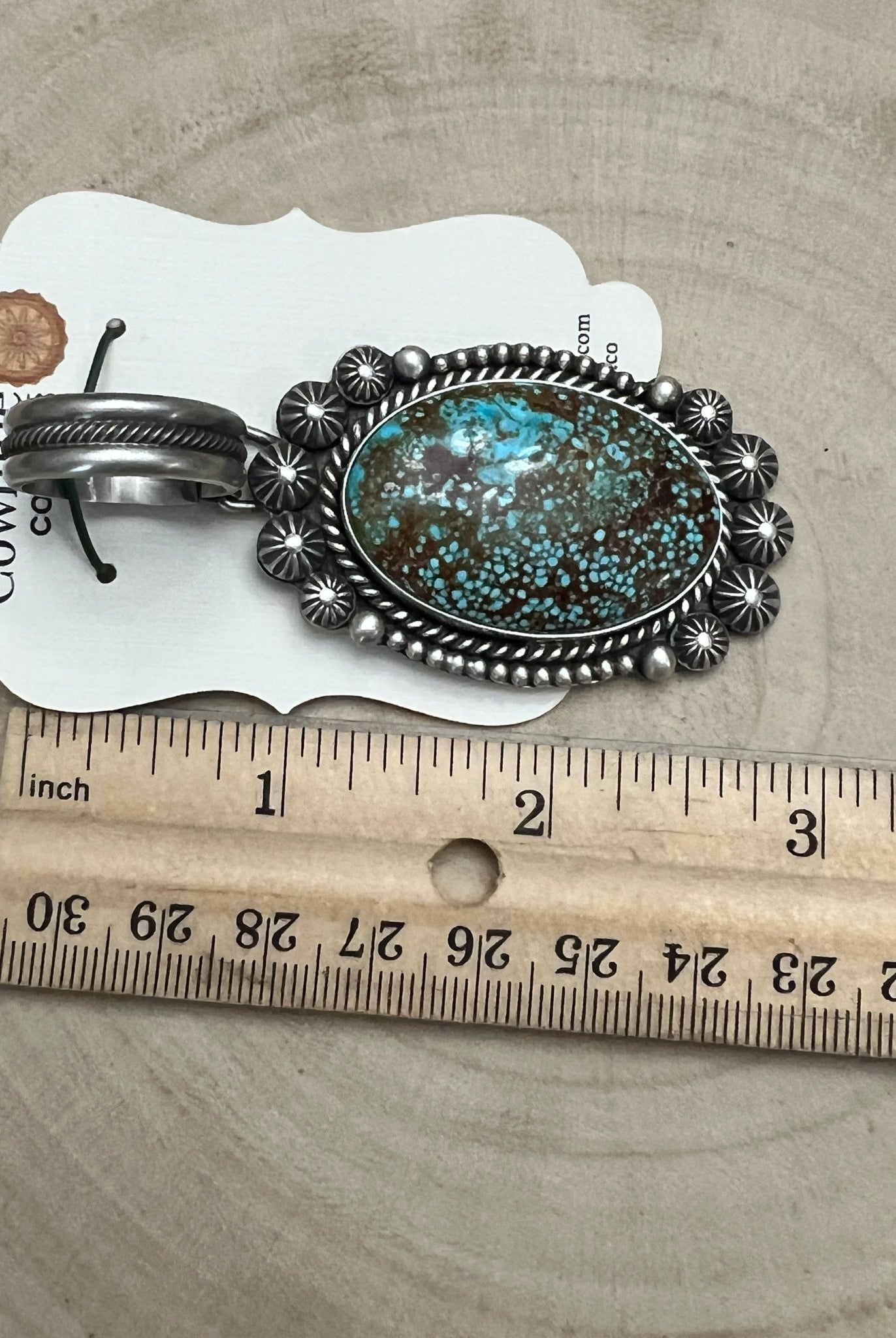 Michael Calladitto Navajo Sterling Silver Pendant with Kingman Turquoise — 3" × 1 1/4" (Hallmarked, Heirloom Flagship) - Cowhide and Conchos