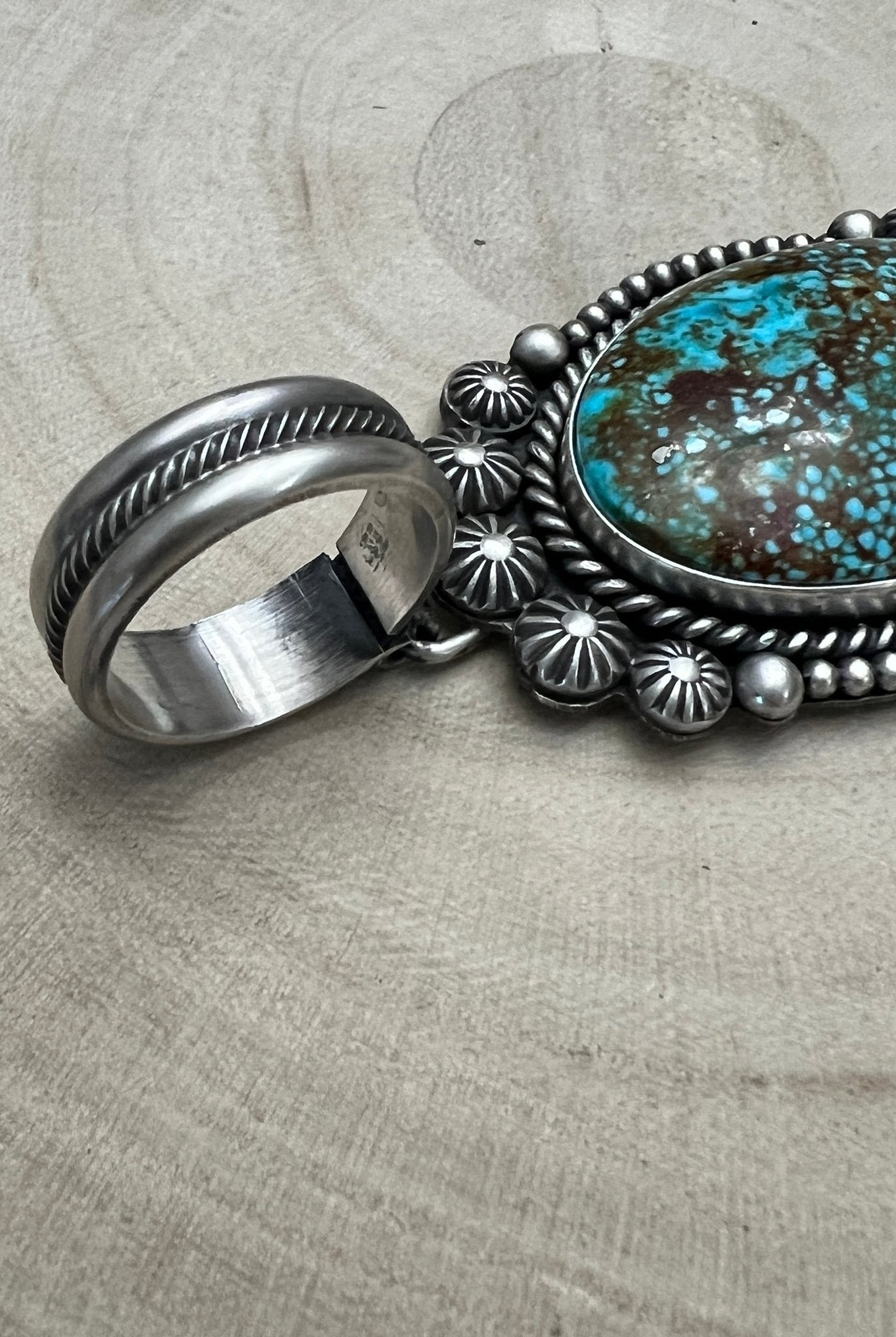 Michael Calladitto Navajo Sterling Silver Pendant with Kingman Turquoise — 3" × 1 1/4" (Hallmarked, Heirloom Flagship) - Cowhide and Conchos