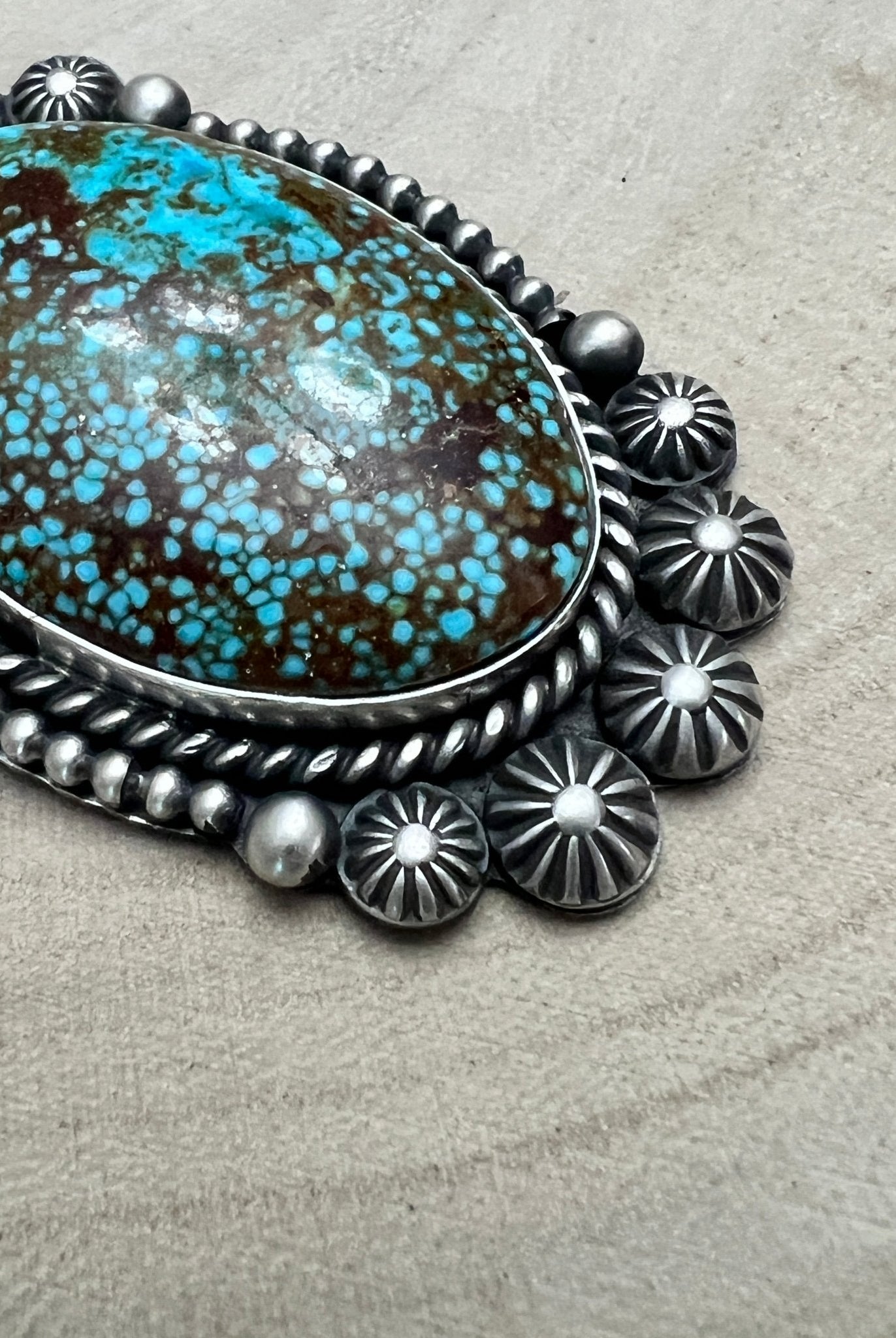 Michael Calladitto Navajo Sterling Silver Pendant with Kingman Turquoise — 3" × 1 1/4" (Hallmarked, Heirloom Flagship) - Cowhide and Conchos