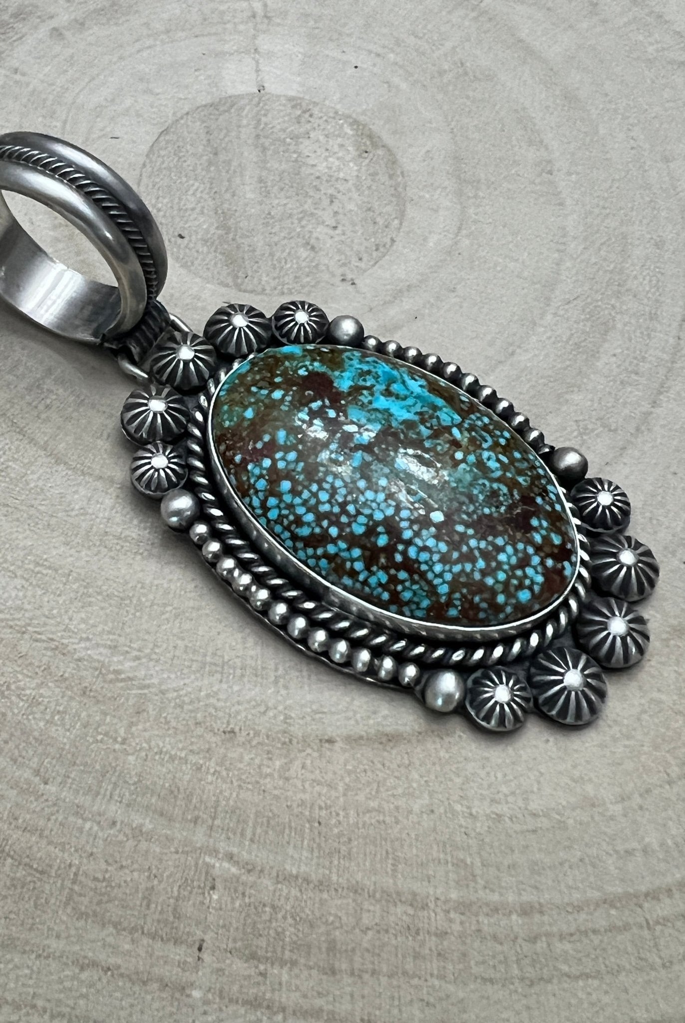 Michael Calladitto Navajo Sterling Silver Pendant with Kingman Turquoise — 3" × 1 1/4" (Hallmarked, Heirloom Flagship) - Cowhide and Conchos