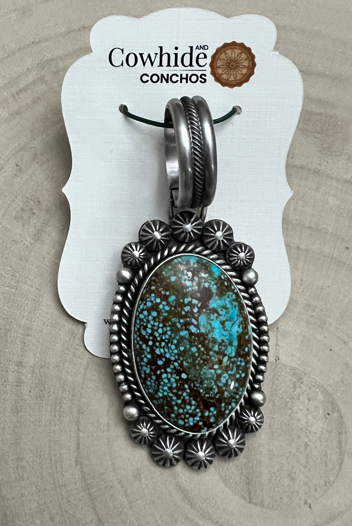 Michael Calladitto Navajo Sterling Silver Pendant with Kingman Turquoise — 3" × 1 1/4" (Hallmarked, Heirloom Flagship) - Cowhide and Conchos