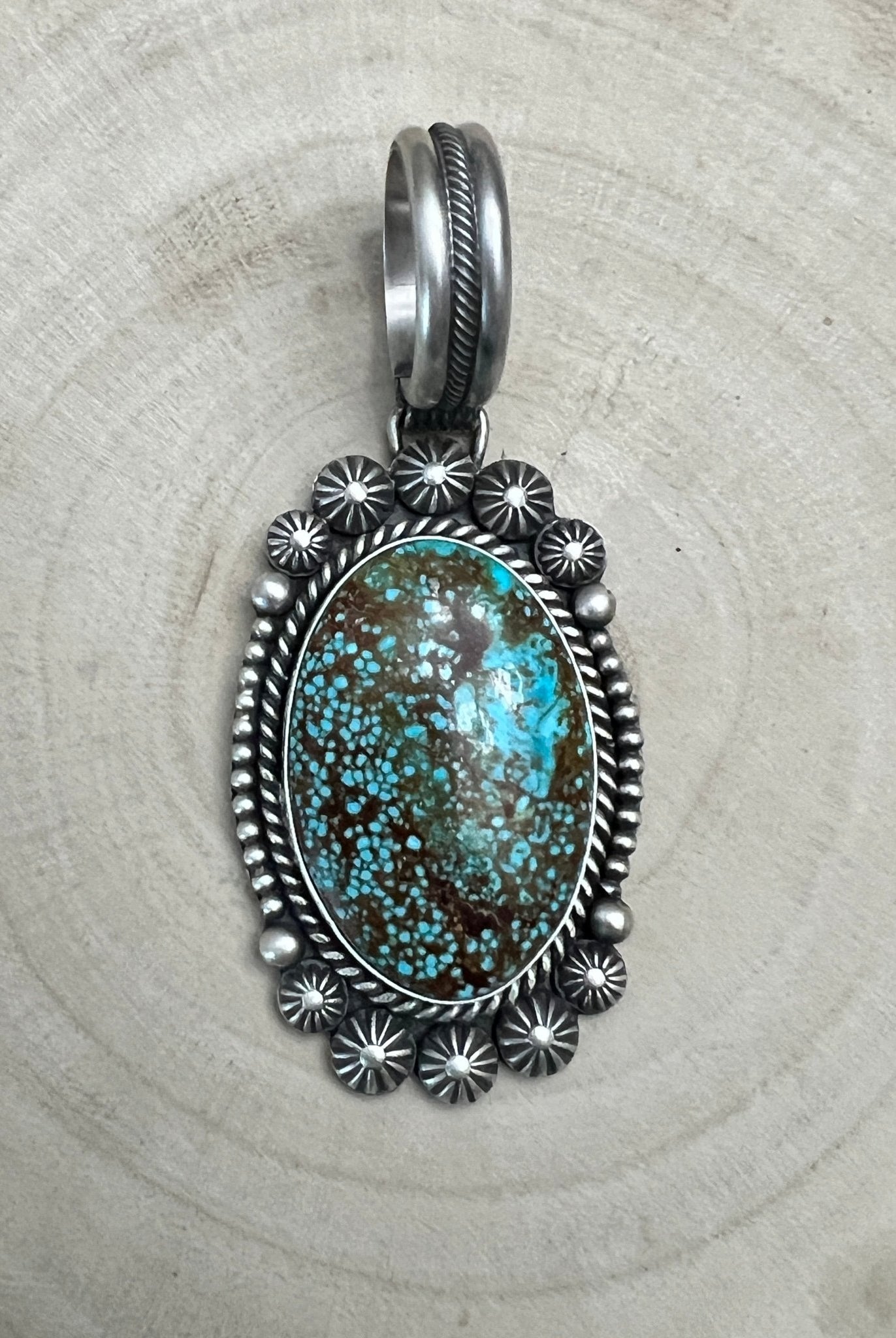 Michael Calladitto Navajo Sterling Silver Pendant with Kingman Turquoise — 3" × 1 1/4" (Hallmarked, Heirloom Flagship) - Cowhide and Conchos