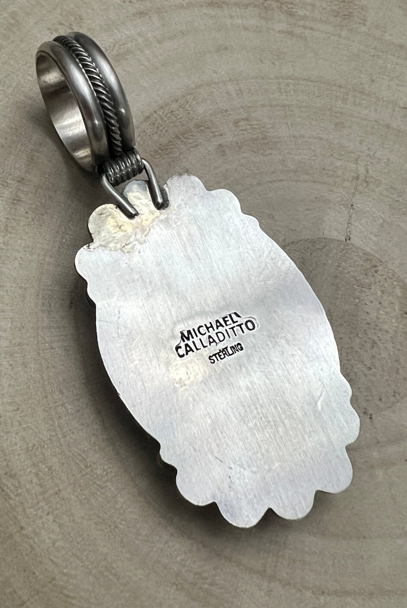 Michael Calladitto Navajo Sterling Silver Pendant with Kingman Turquoise — 3" × 1 1/4" (Hallmarked, Heirloom Flagship) - Cowhide and Conchos