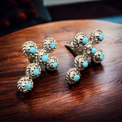 Michael Gchachu Turquoise & Sterling Silver Earrings - Cowhide and Conchos