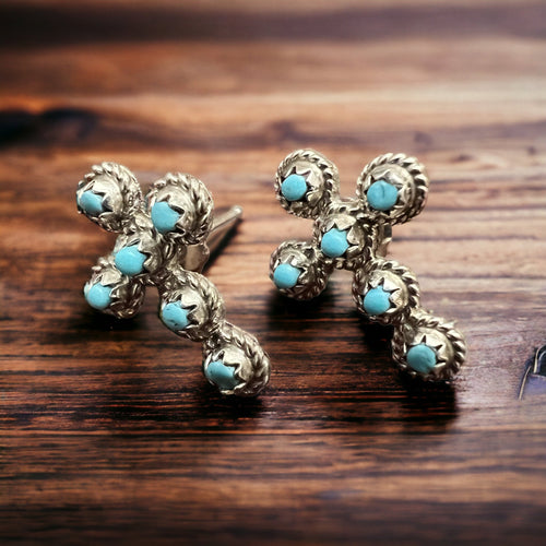 Michael Gchachu Turquoise & Sterling Silver Earrings - Cowhide and Conchos