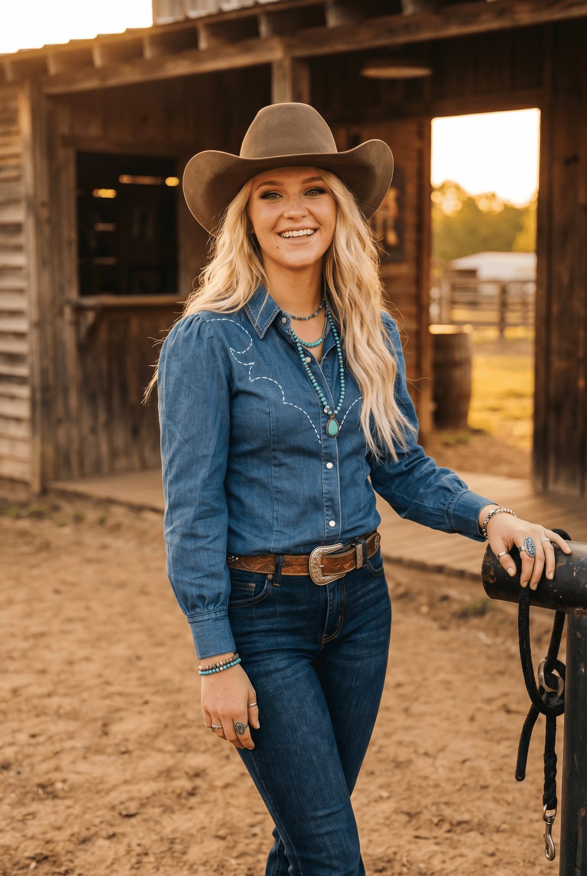Mid Wash Denim Stretch Contrast Embroidered Long Sleeve Shirt - Cowhide and Conchos
