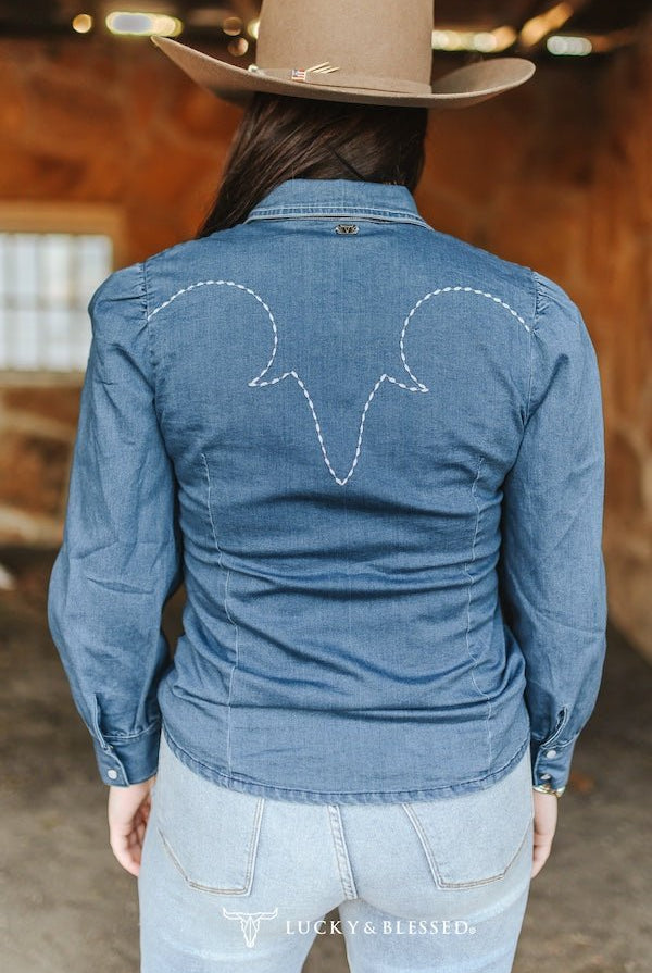 Mid Wash Denim Stretch Contrast Embroidered Puff Long Sleeve Shirt - Cowhide and Conchos
