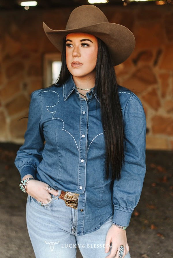 Mid Wash Denim Stretch Contrast Embroidered Puff Long Sleeve Shirt - Cowhide and Conchos