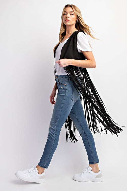 Midnight Ride Suede Studded Fringe Vest - Cowhide and Conchos