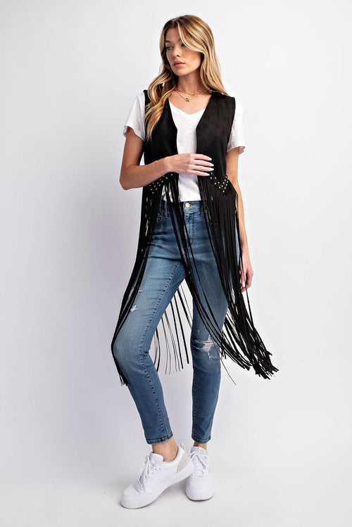 Midnight Ride Suede Studded Fringe Vest - Cowhide and Conchos