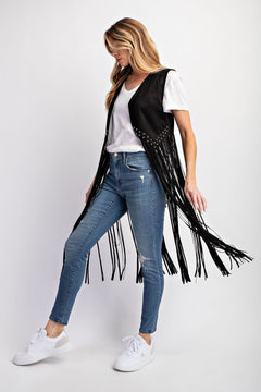 Midnight Ride Suede Studded Fringe Vest - Cowhide and Conchos