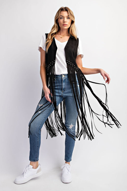 Midnight Ride Suede Studded Fringe Vest - Cowhide and Conchos