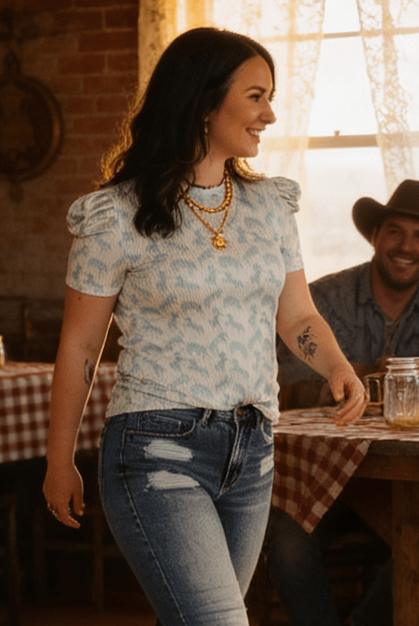 Mint Horse Print Puff Sleeve Western Ribbed Top - Cowhide and Conchos