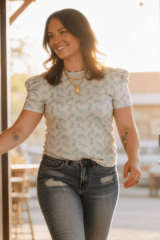 Mint Horse Print Puff Sleeve Western Ribbed Top - Cowhide and Conchos