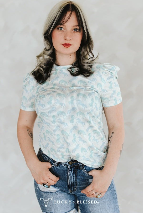 Mint Horse Printed Puff Short Sleeve Top - Cowhide and Conchos