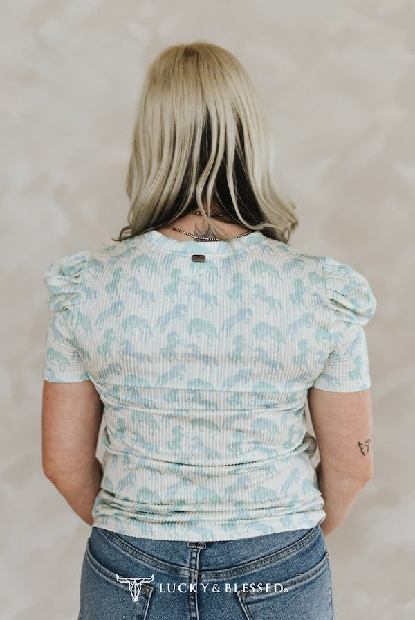 Mint Horse Printed Puff Short Sleeve Top - Cowhide and Conchos