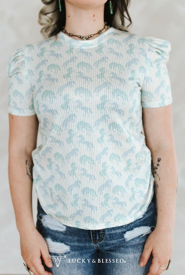 Mint Horse Printed Puff Short Sleeve Top - Cowhide and Conchos