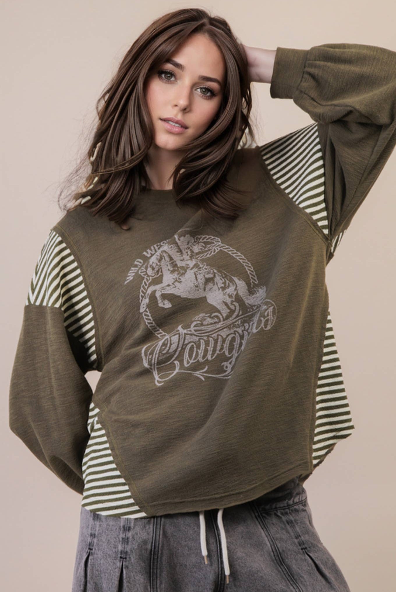 Mixed Fabric Knit Top - Taupe or Olive - Cowhide and Conchos