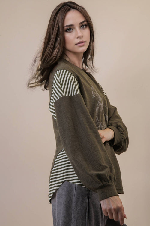 Mixed Fabric Knit Top - Taupe or Olive - Cowhide and Conchos