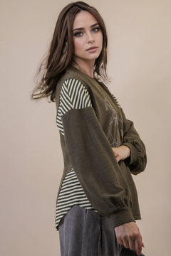 Mixed Fabric Knit Top - Taupe or Olive - Cowhide and Conchos