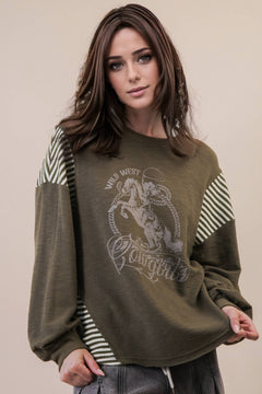 Mixed Fabric Knit Top - Taupe or Olive - Cowhide and Conchos