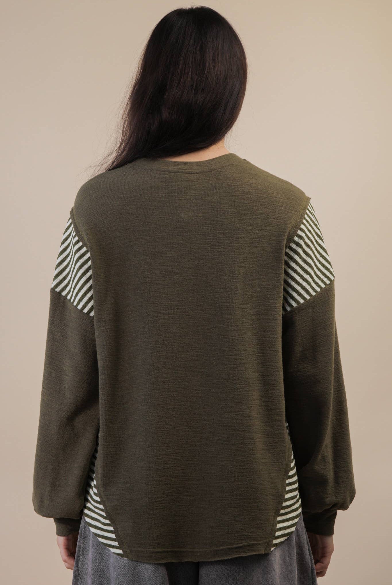 Mixed Fabric Knit Top - Taupe or Olive - Cowhide and Conchos