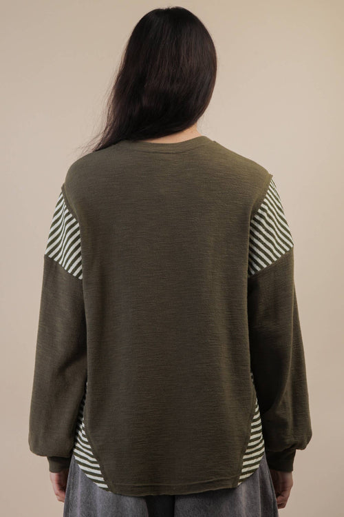 Mixed Fabric Knit Top - Taupe or Olive - Cowhide and Conchos