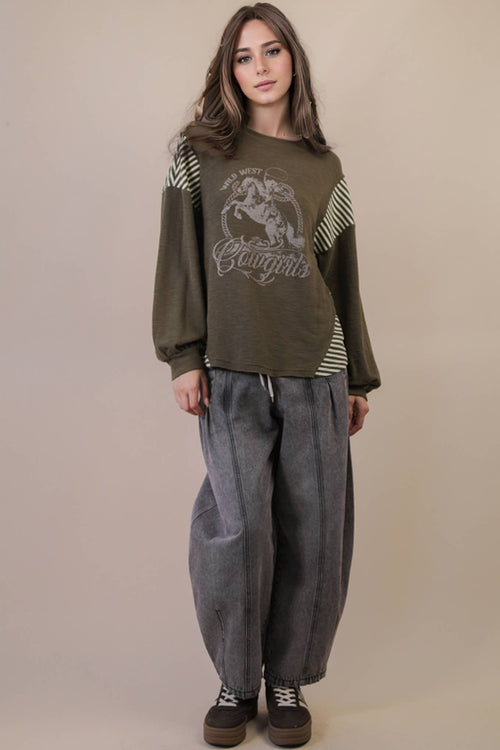 Mixed Fabric Knit Top - Taupe or Olive - Cowhide and Conchos