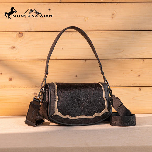 Montana West Cowhide Mini Shoulder Bag - Black - Cowhide and Conchos