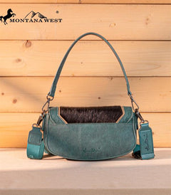 Montana West Cowhide Mini Shoulder Bag - Turquoise - Cowhide and Conchos