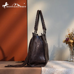 Montana West Tool Fringe Collection Concealed Carry Wide Tote - Coffee Brown - Cowhide and Conchos