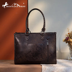 Montana West Tool Fringe Collection Concealed Carry Wide Tote - Coffee Brown - Cowhide and Conchos