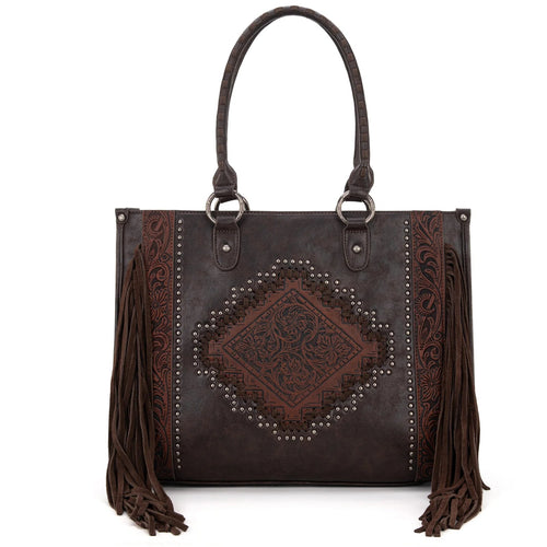 Montana West Tool Fringe Collection Concealed Carry Wide Tote - Coffee Brown - Cowhide and Conchos