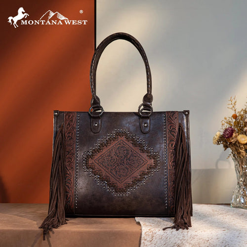 Montana West Tool Fringe Collection Concealed Carry Wide Tote - Coffee Brown - Cowhide and Conchos